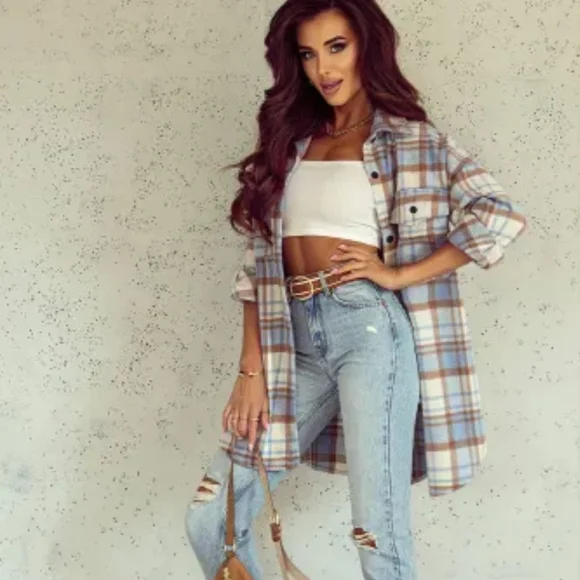 🔥New sky blue long plaid shacket - Picture 7 of 17